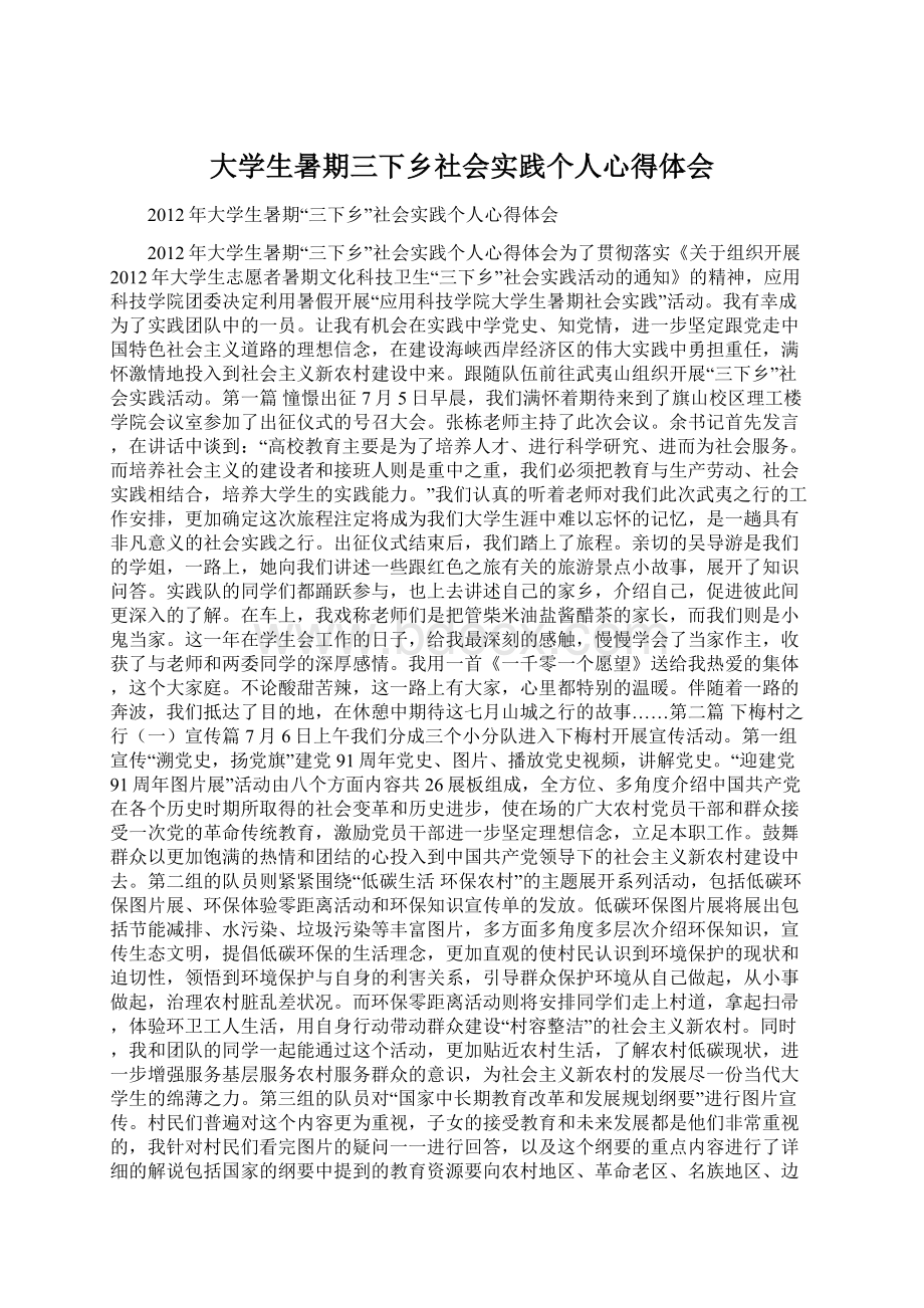 大学生暑期三下乡社会实践个人心得体会Word文件下载.docx_第1页