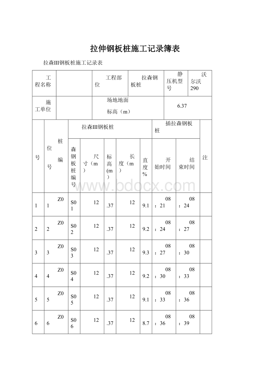 拉伸钢板桩施工记录簿表Word格式.docx_第1页