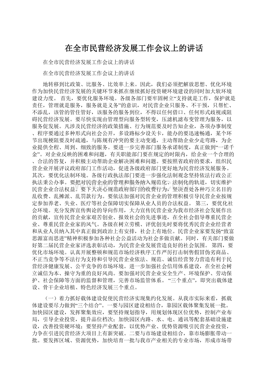 在全市民营经济发展工作会议上的讲话.docx