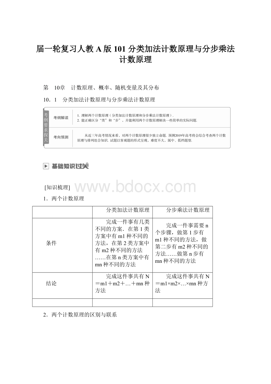 届一轮复习人教A版101 分类加法计数原理与分步乘法计数原理.docx_第1页