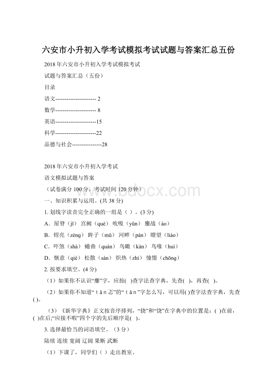 六安市小升初入学考试模拟考试试题与答案汇总五份Word格式.docx