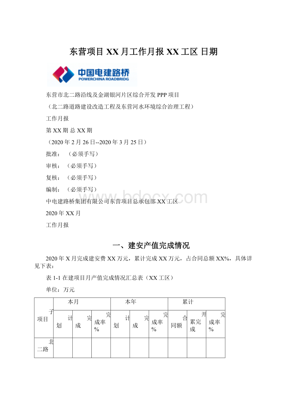 东营项目XX月工作月报XX工区 日期文档格式.docx