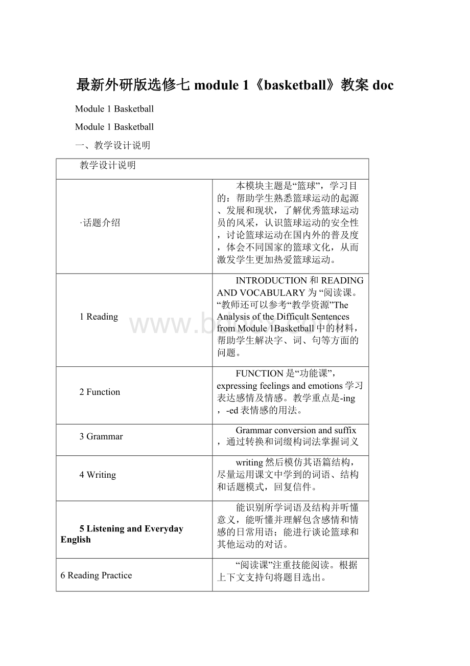 最新外研版选修七module 1《basketball》教案docWord格式.docx_第1页