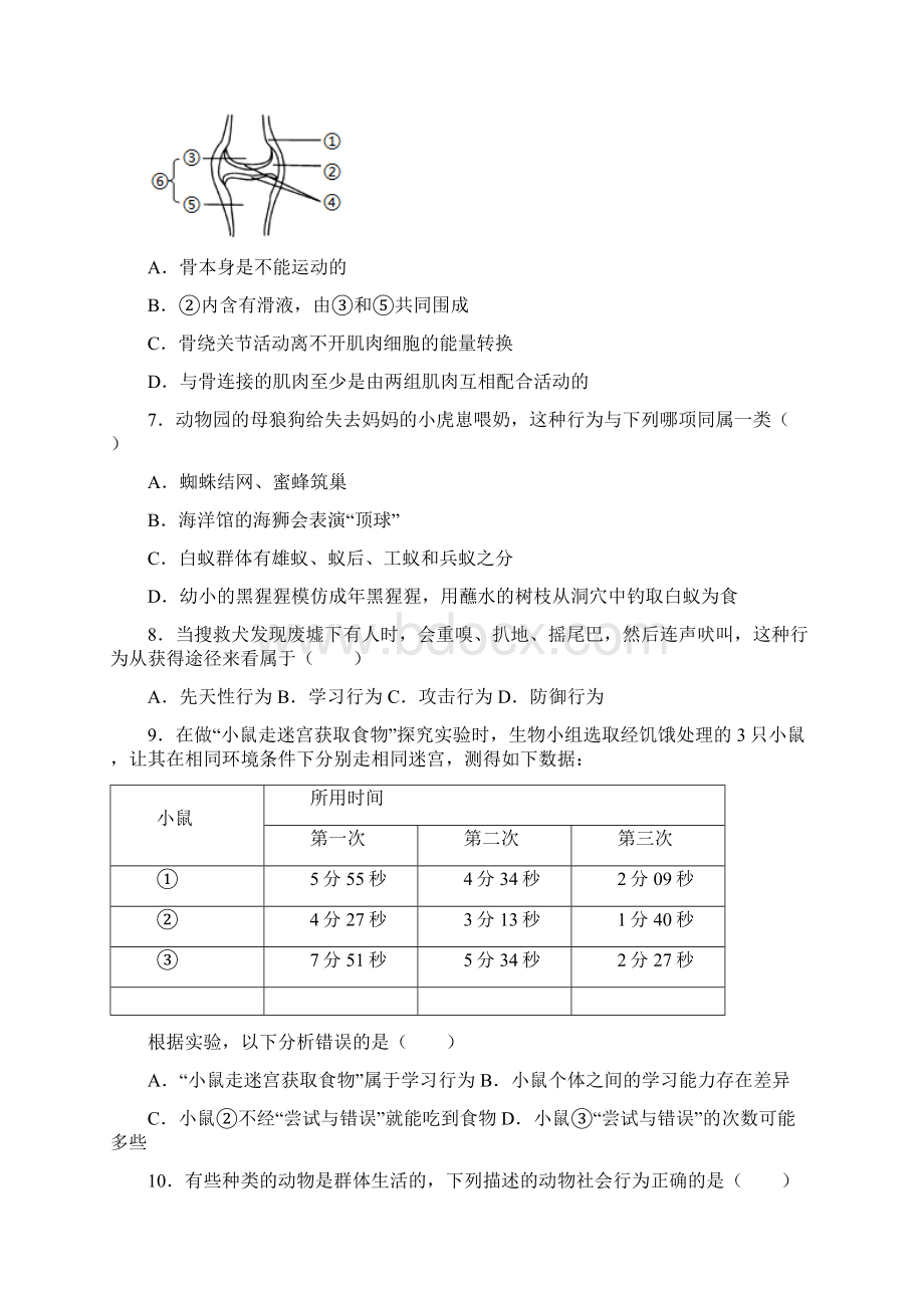 人教版八年级上册生物 第二章 动物的运动和行为 检测题解析版Word文档格式.docx_第2页