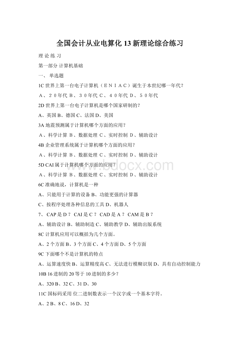 全国会计从业电算化13新理论综合练习.docx