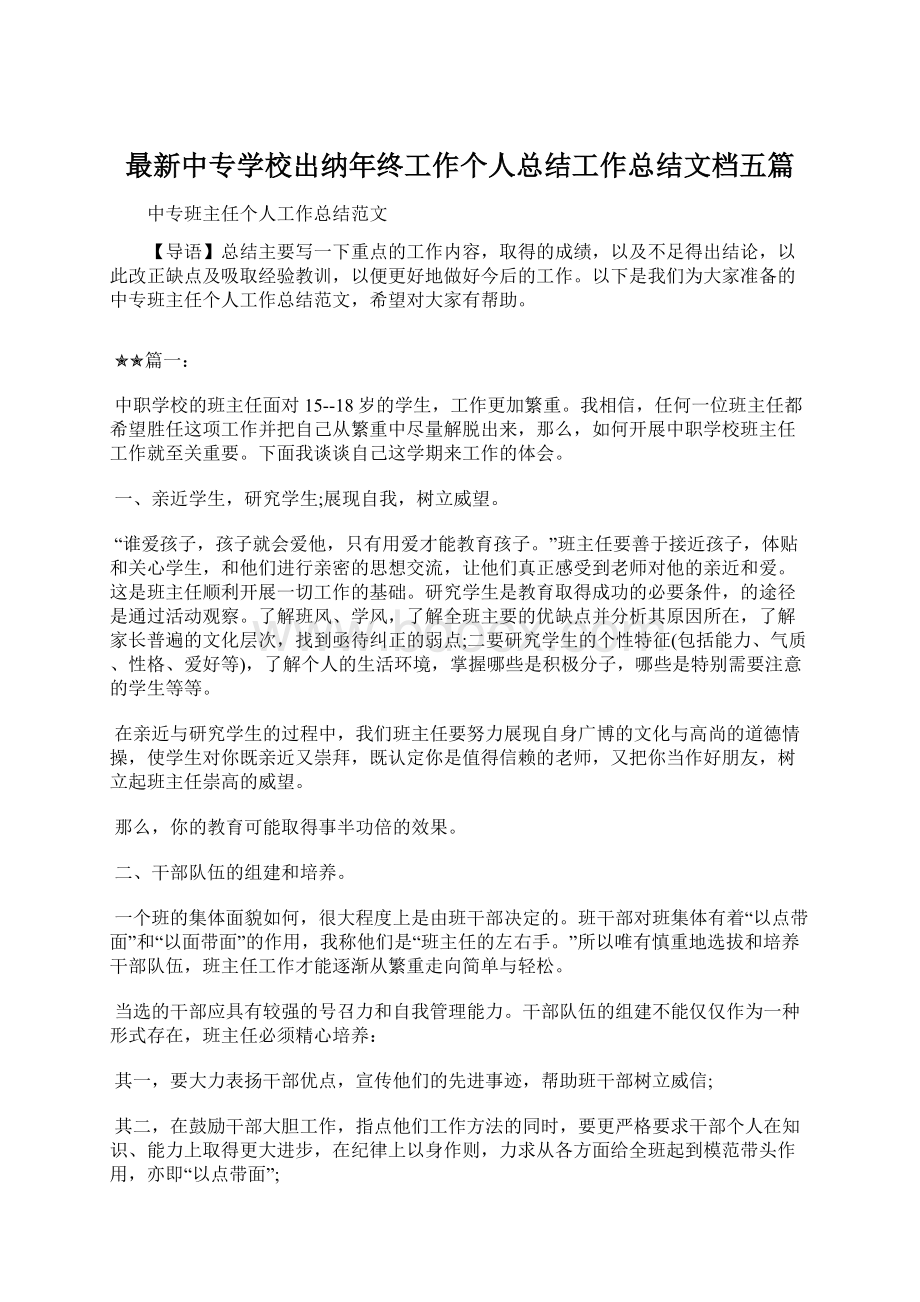 最新中专学校出纳年终工作个人总结工作总结文档五篇文档格式.docx_第1页