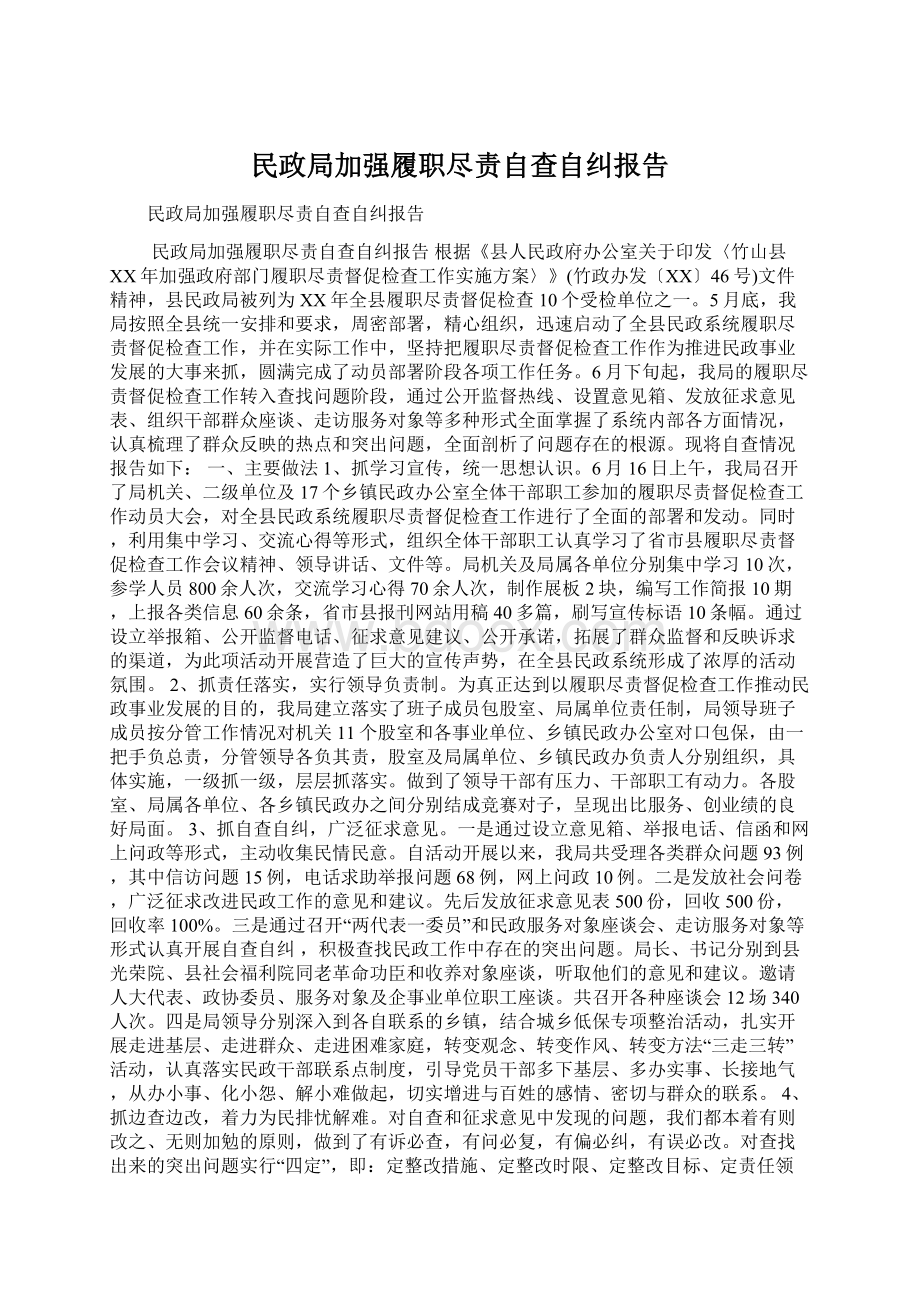 民政局加强履职尽责自查自纠报告.docx