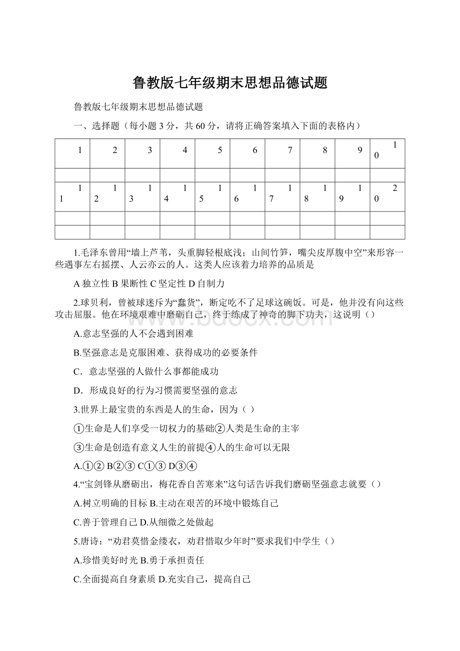 鲁教版七年级期末思想品德试题文档格式.docx