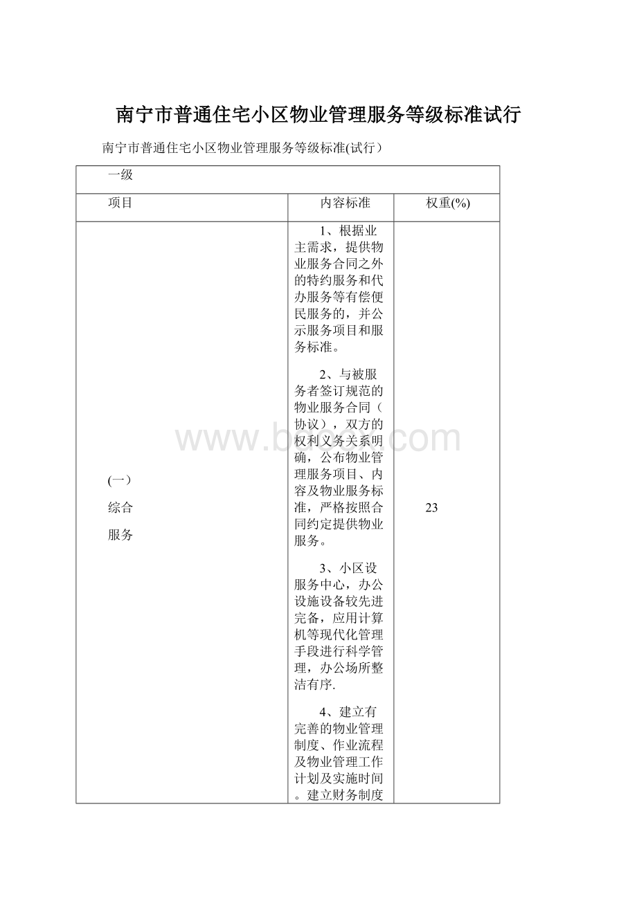 南宁市普通住宅小区物业管理服务等级标准试行Word下载.docx