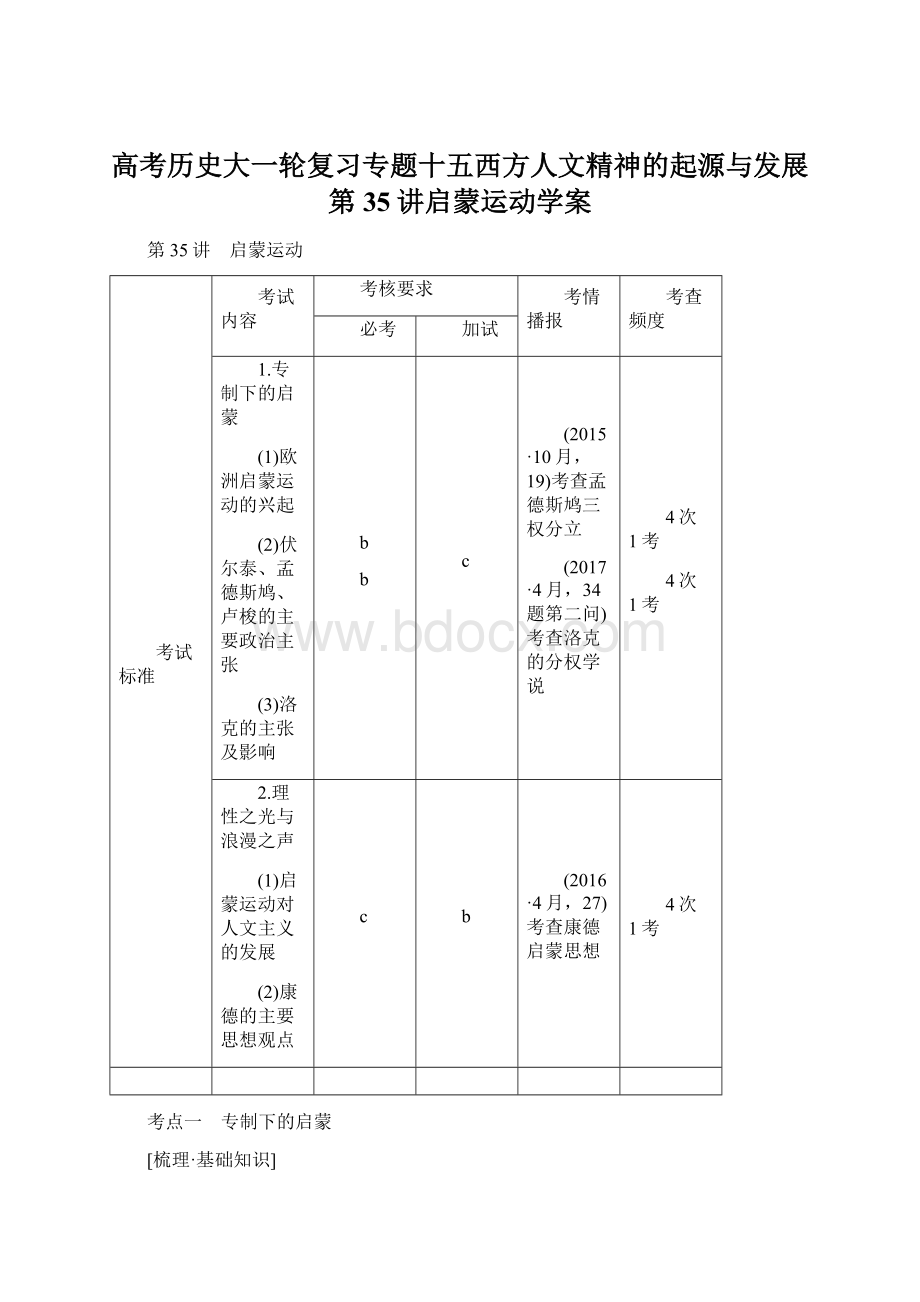 高考历史大一轮复习专题十五西方人文精神的起源与发展第35讲启蒙运动学案Word格式.docx_第1页