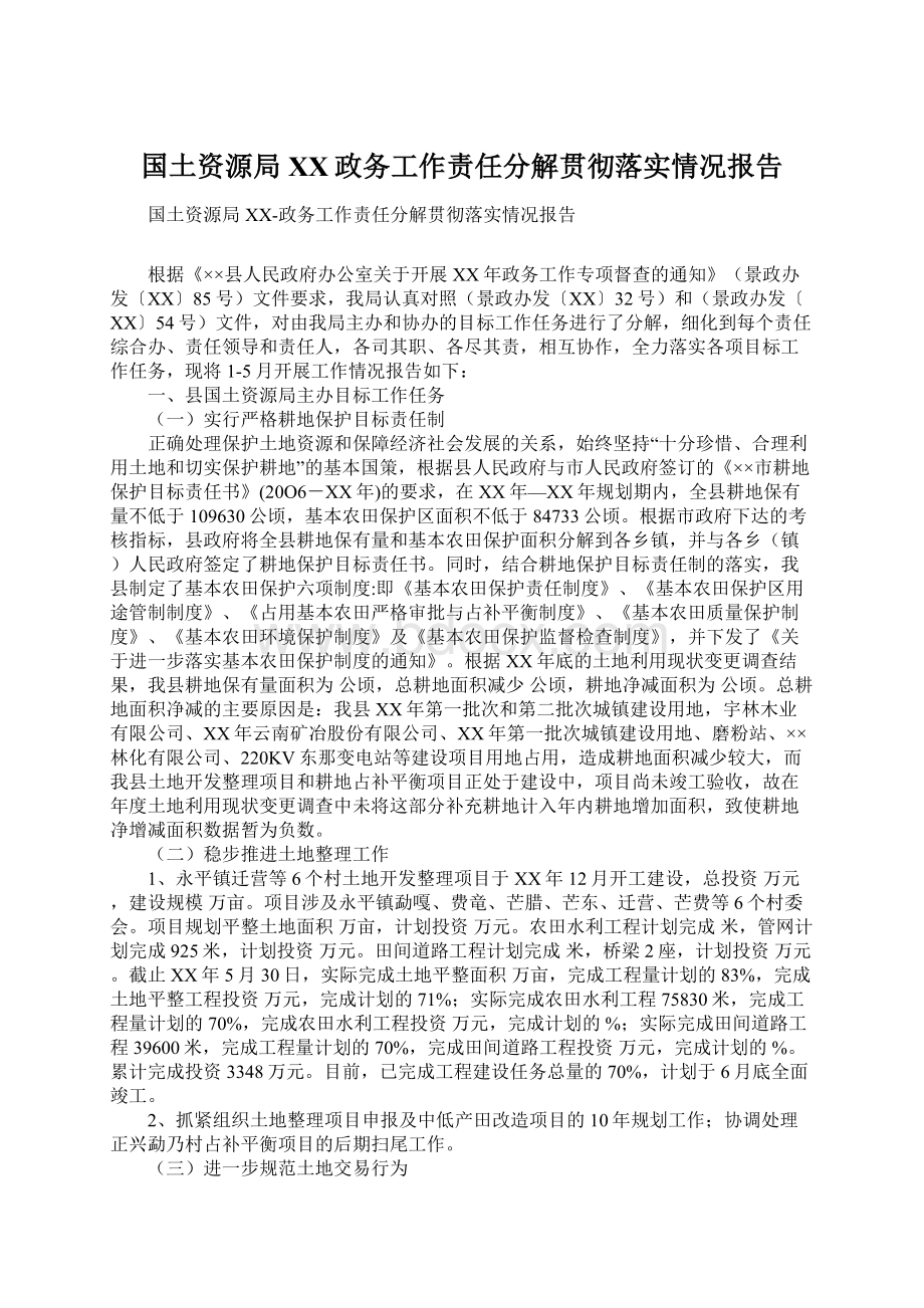 国土资源局XX政务工作责任分解贯彻落实情况报告.docx_第1页