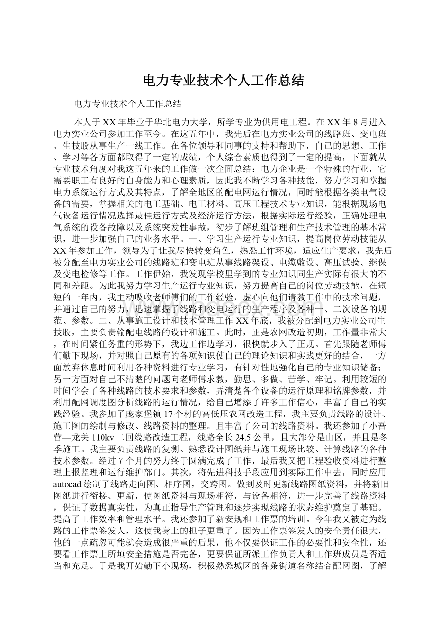 电力专业技术个人工作总结Word文档下载推荐.docx