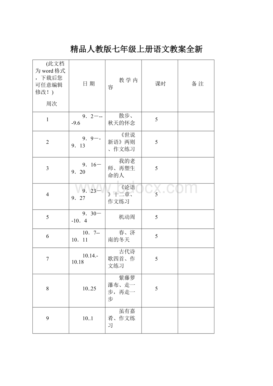 精品人教版七年级上册语文教案全新Word下载.docx_第1页