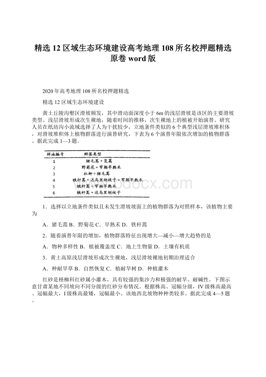 精选12 区域生态环境建设高考地理108所名校押题精选原卷word版Word下载.docx