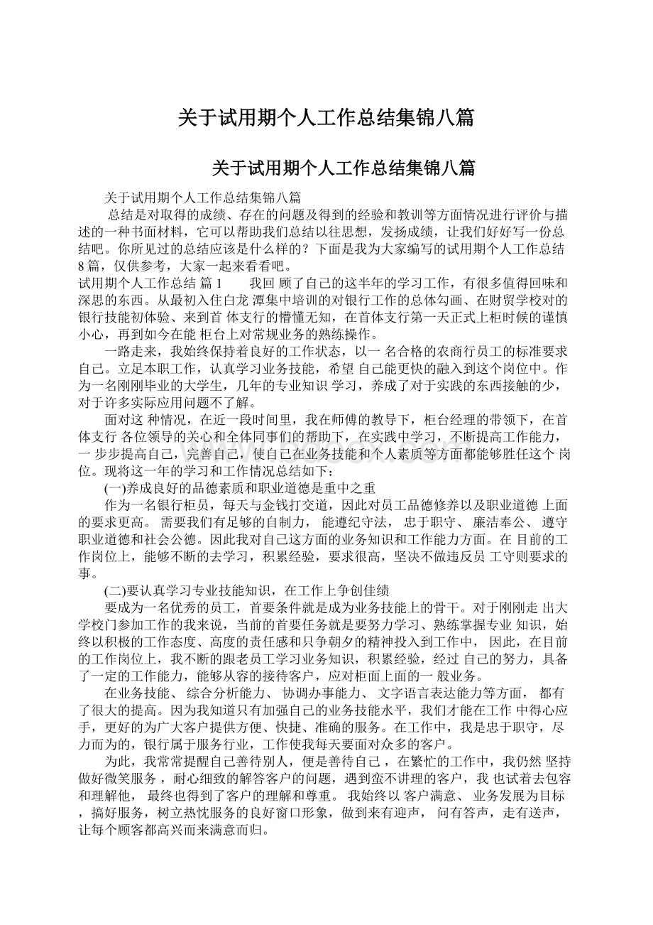 关于试用期个人工作总结集锦八篇.docx_第1页