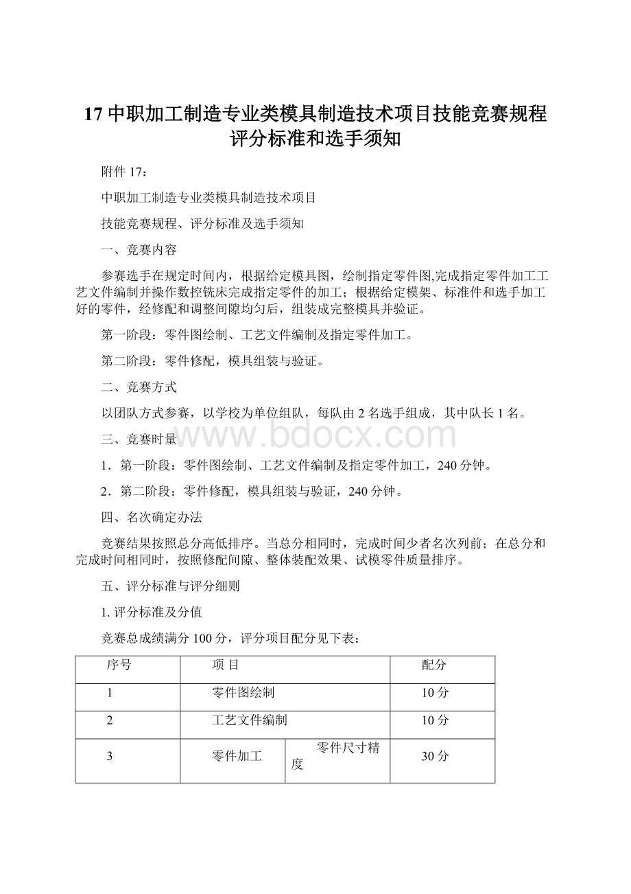 17中职加工制造专业类模具制造技术项目技能竞赛规程评分标准和选手须知.docx