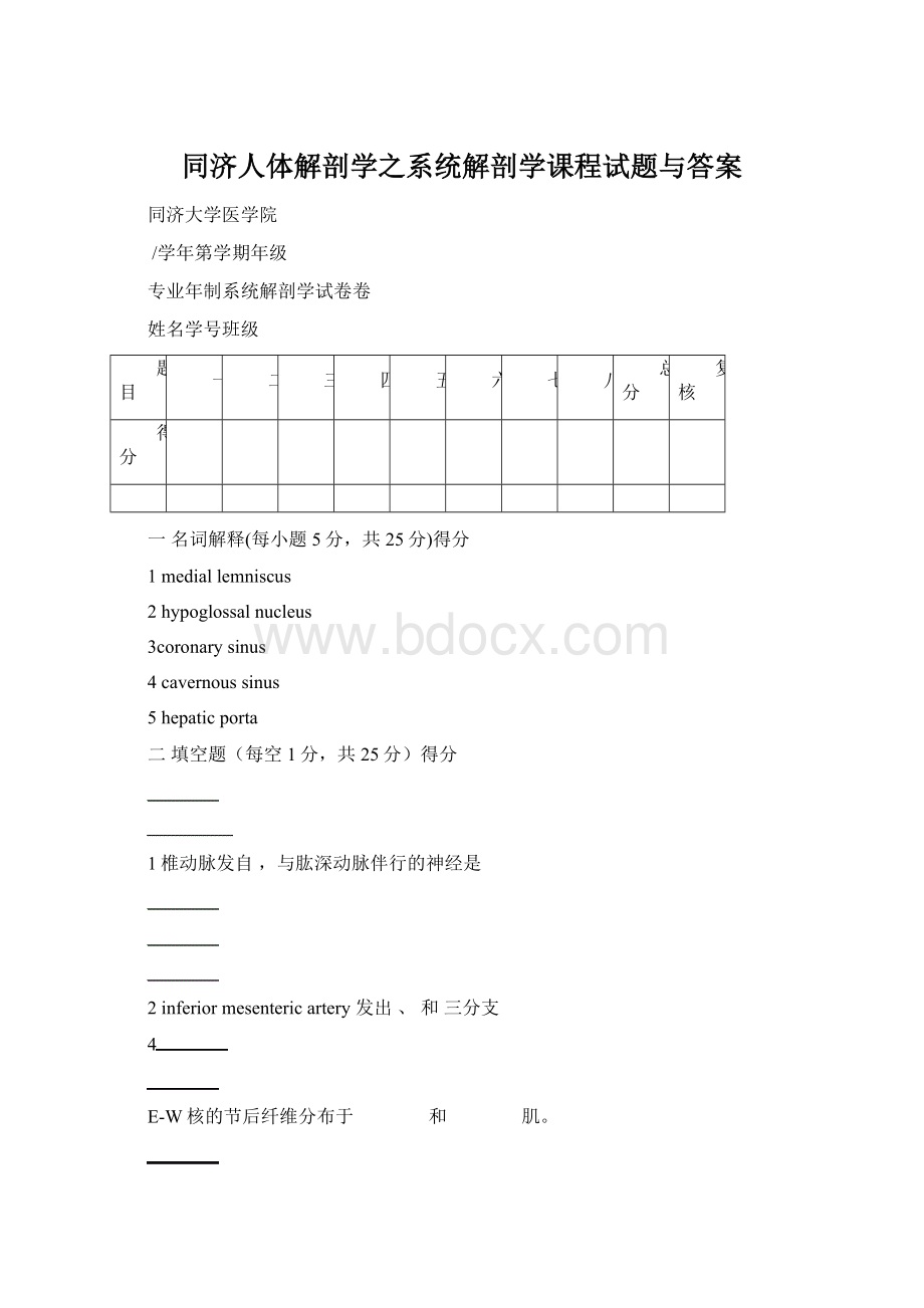 同济人体解剖学之系统解剖学课程试题与答案.docx_第1页