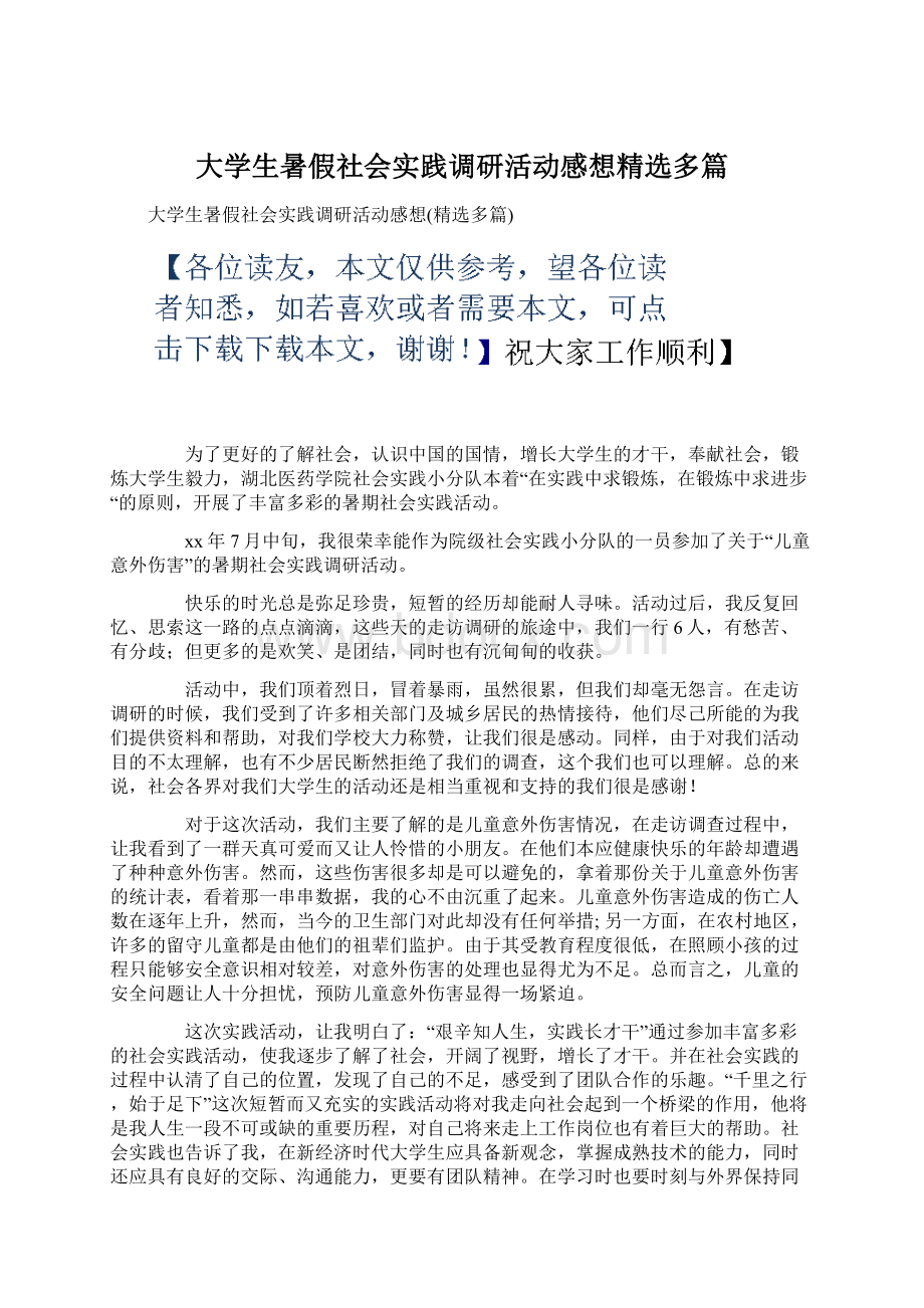 大学生暑假社会实践调研活动感想精选多篇文档格式.docx_第1页