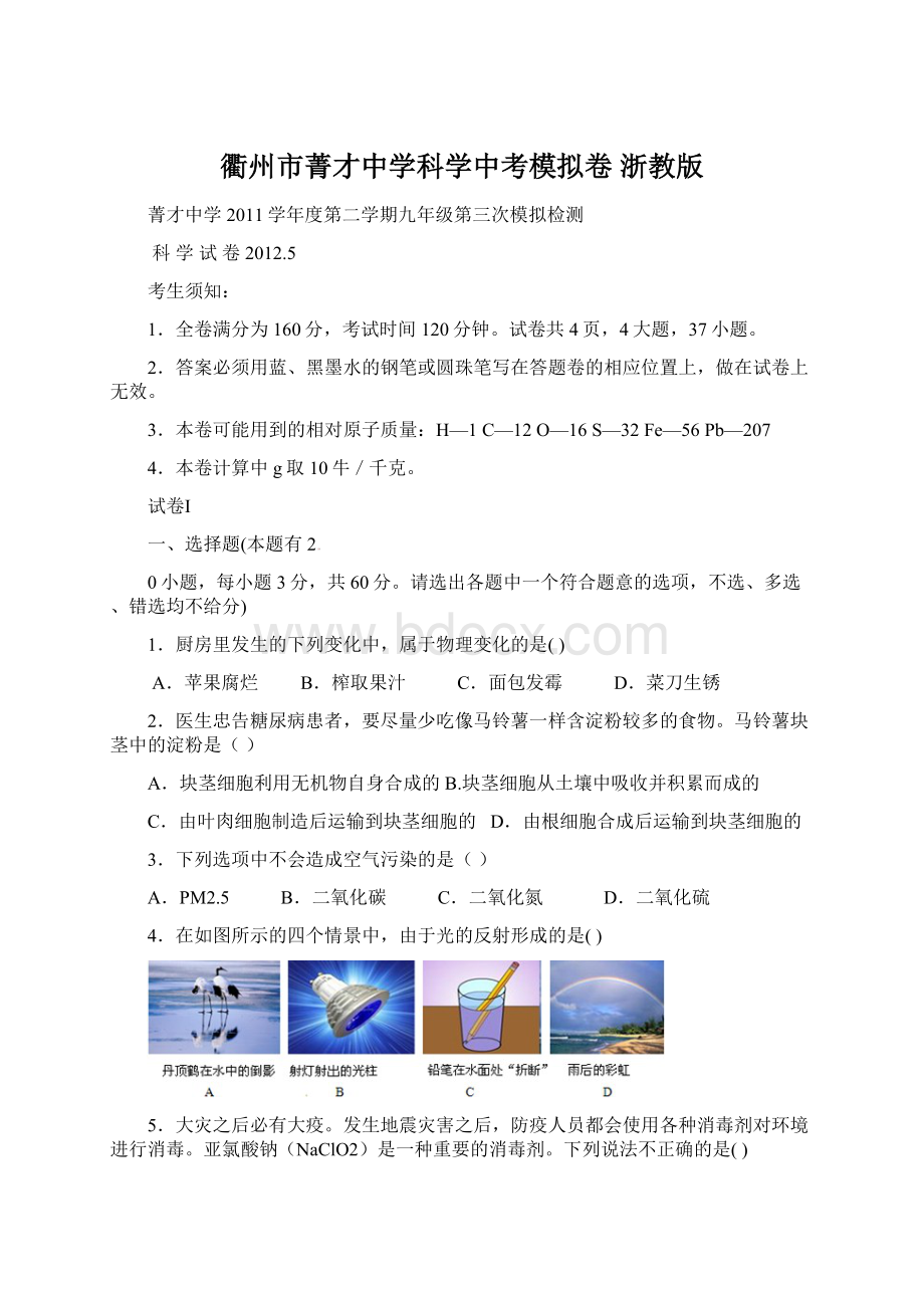 衢州市菁才中学科学中考模拟卷 浙教版Word文档格式.docx