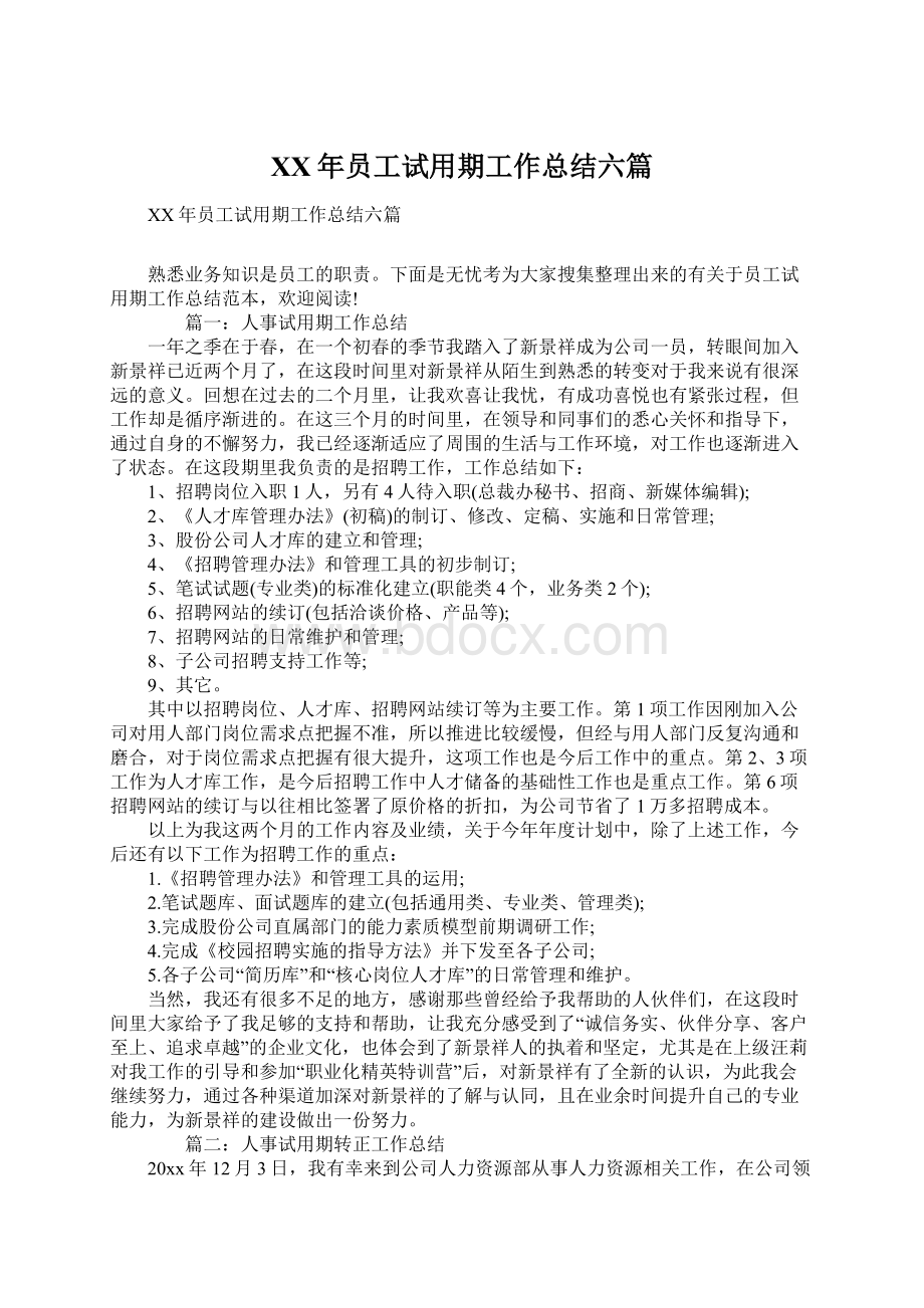 XX年员工试用期工作总结六篇.docx_第1页