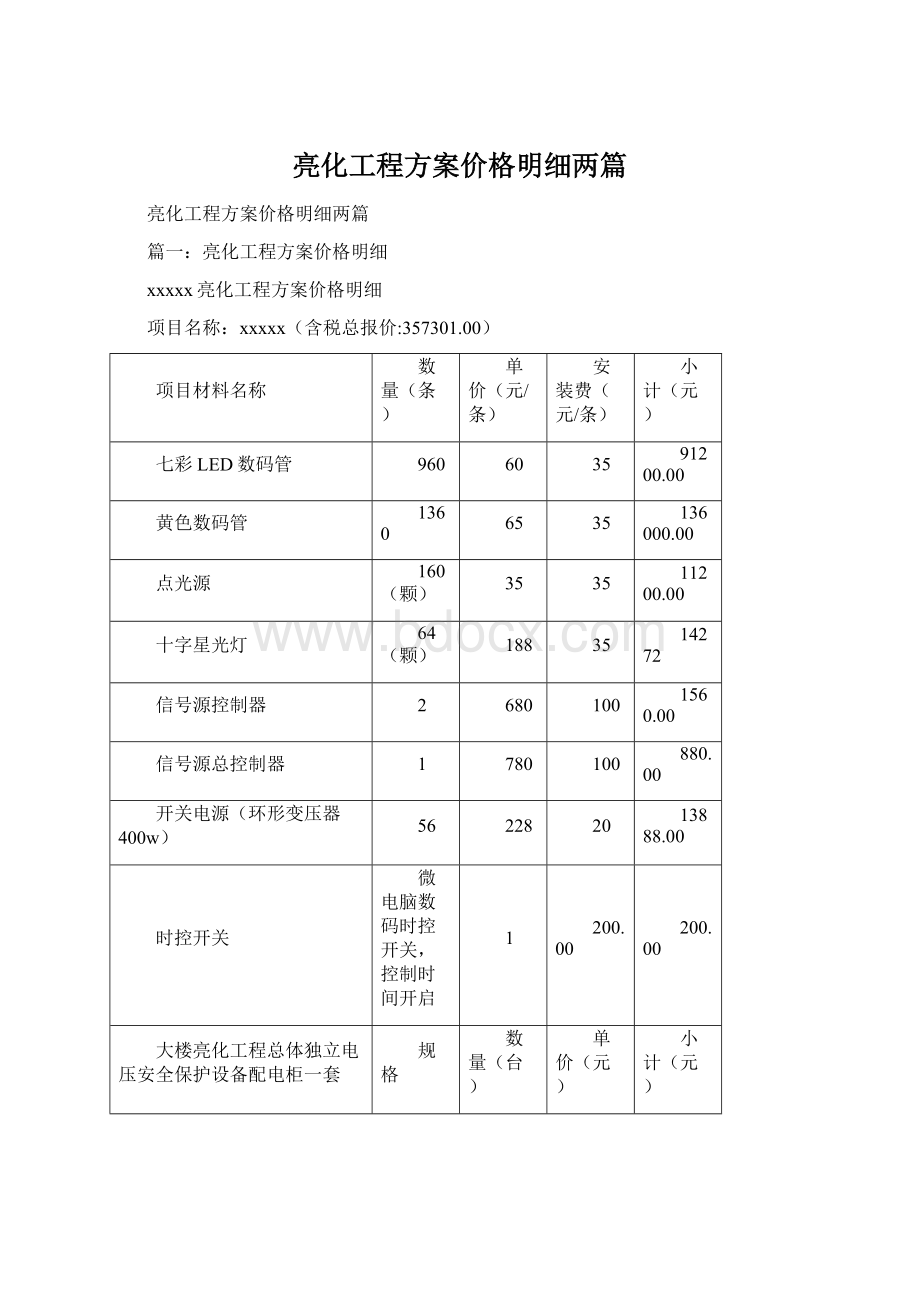 亮化工程方案价格明细两篇Word文档格式.docx