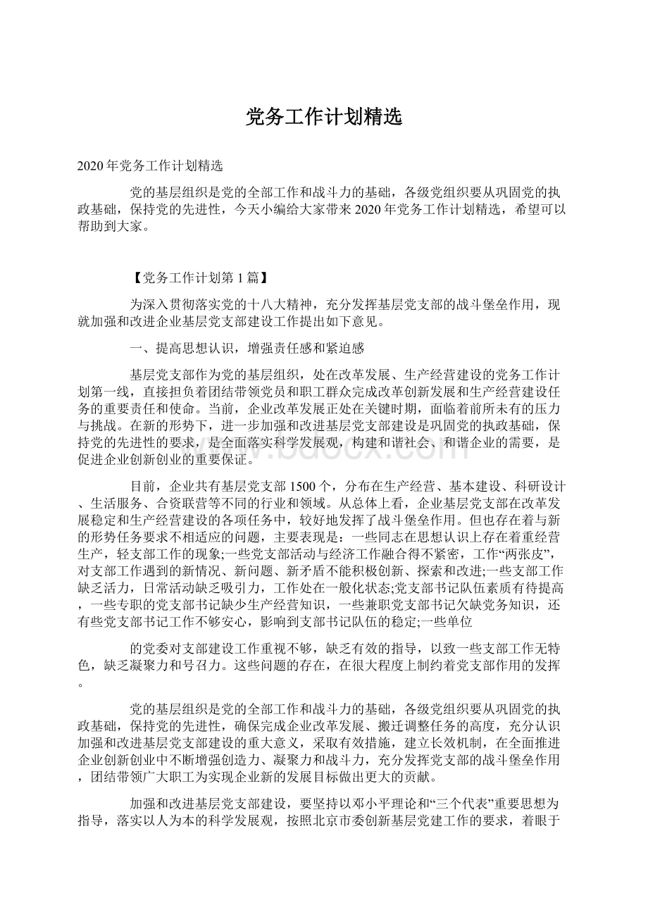 党务工作计划精选Word文档下载推荐.docx