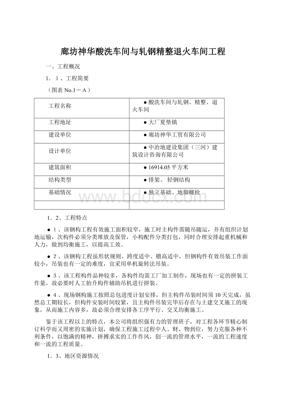 廊坊神华酸洗车间与轧钢精整退火车间工程Word下载.docx