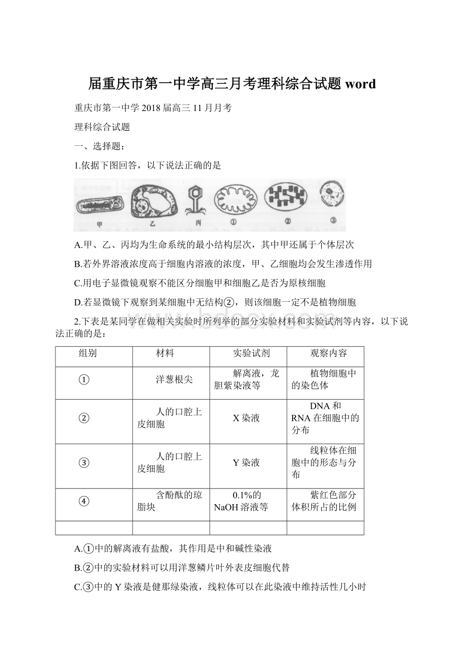 届重庆市第一中学高三月考理科综合试题word.docx