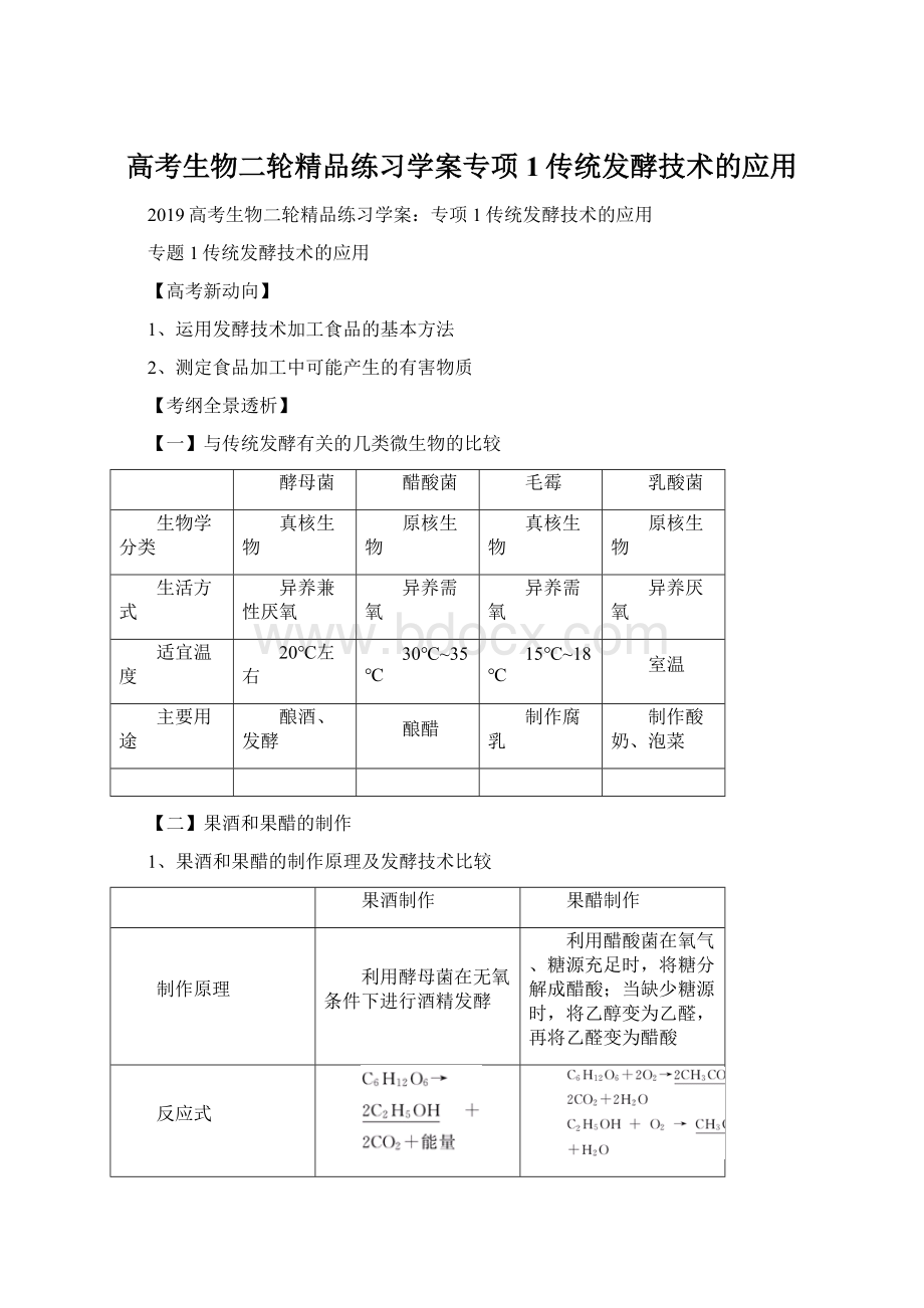 高考生物二轮精品练习学案专项1传统发酵技术的应用.docx_第1页