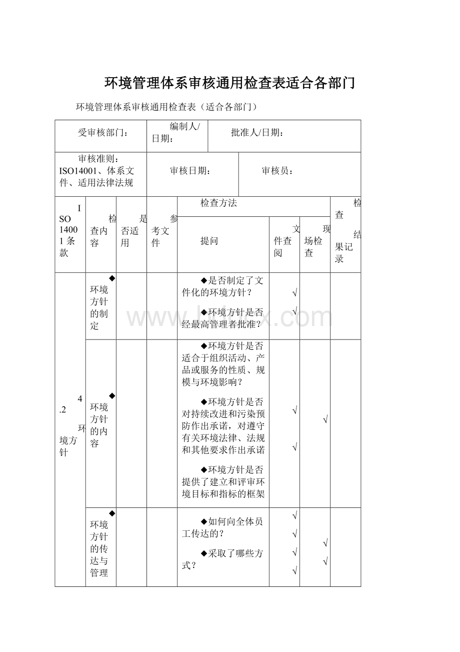 环境管理体系审核通用检查表适合各部门.docx