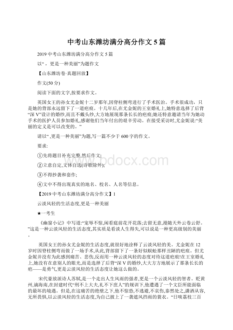 中考山东潍坊满分高分作文5篇Word文档格式.docx_第1页