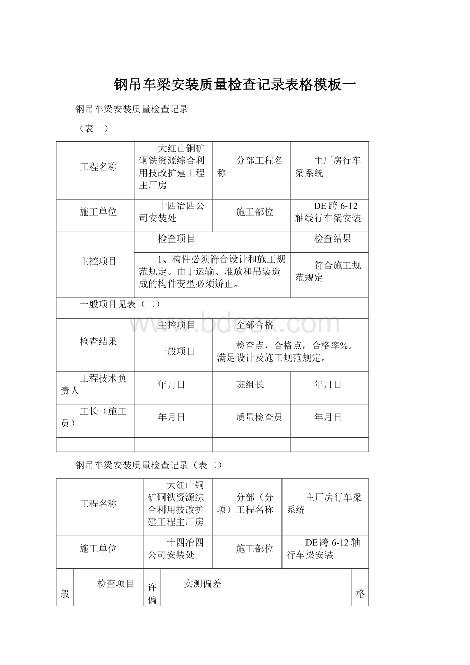 钢吊车梁安装质量检查记录表格模板一.docx_第1页