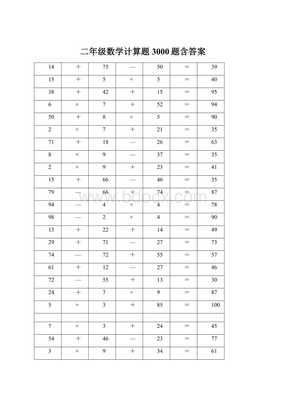 二年级数学计算题3000题含答案Word文件下载.docx_第1页