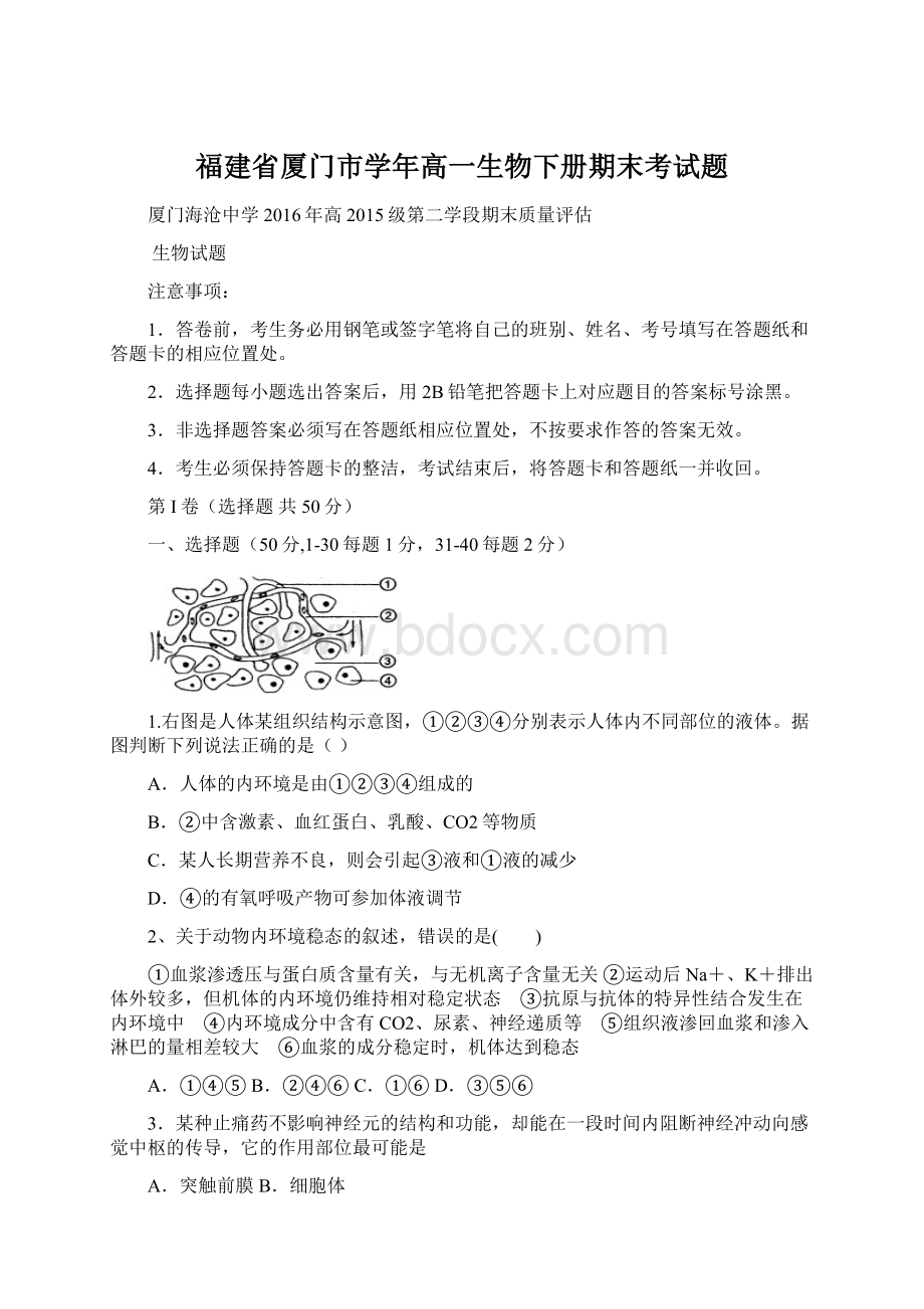 福建省厦门市学年高一生物下册期末考试题Word文档下载推荐.docx