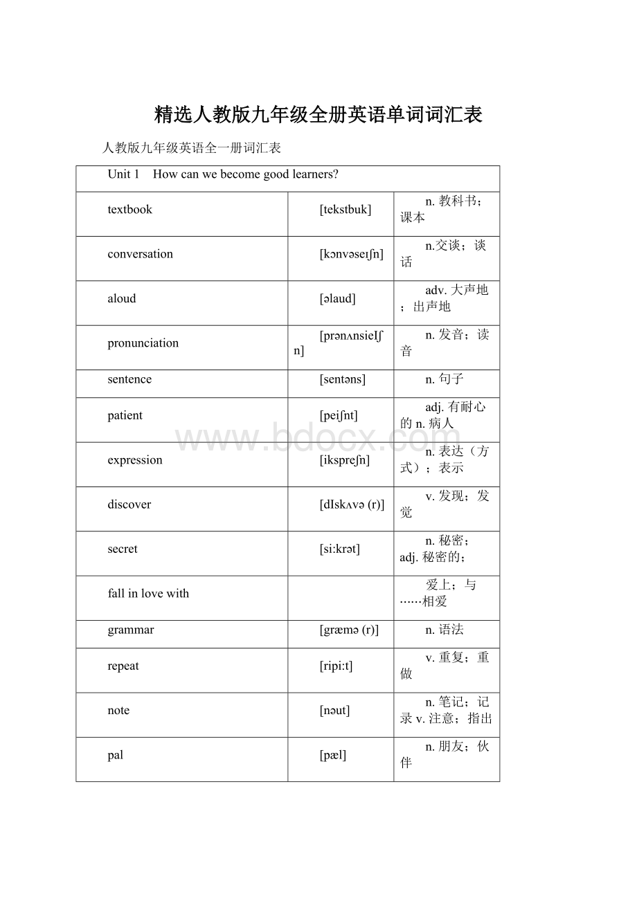 精选人教版九年级全册英语单词词汇表Word文档格式.docx