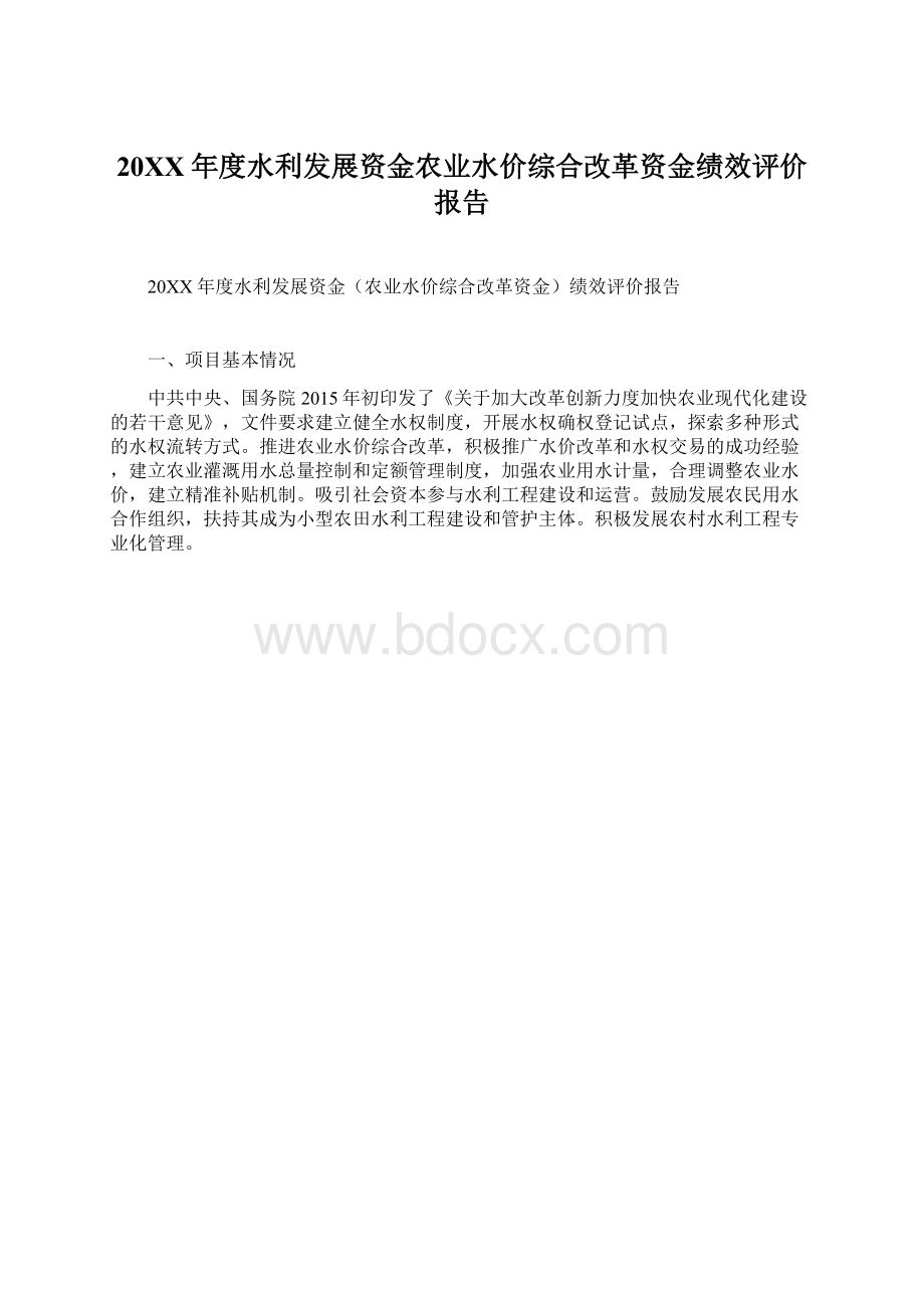 20XX年度水利发展资金农业水价综合改革资金绩效评价报告Word文档格式.docx_第1页