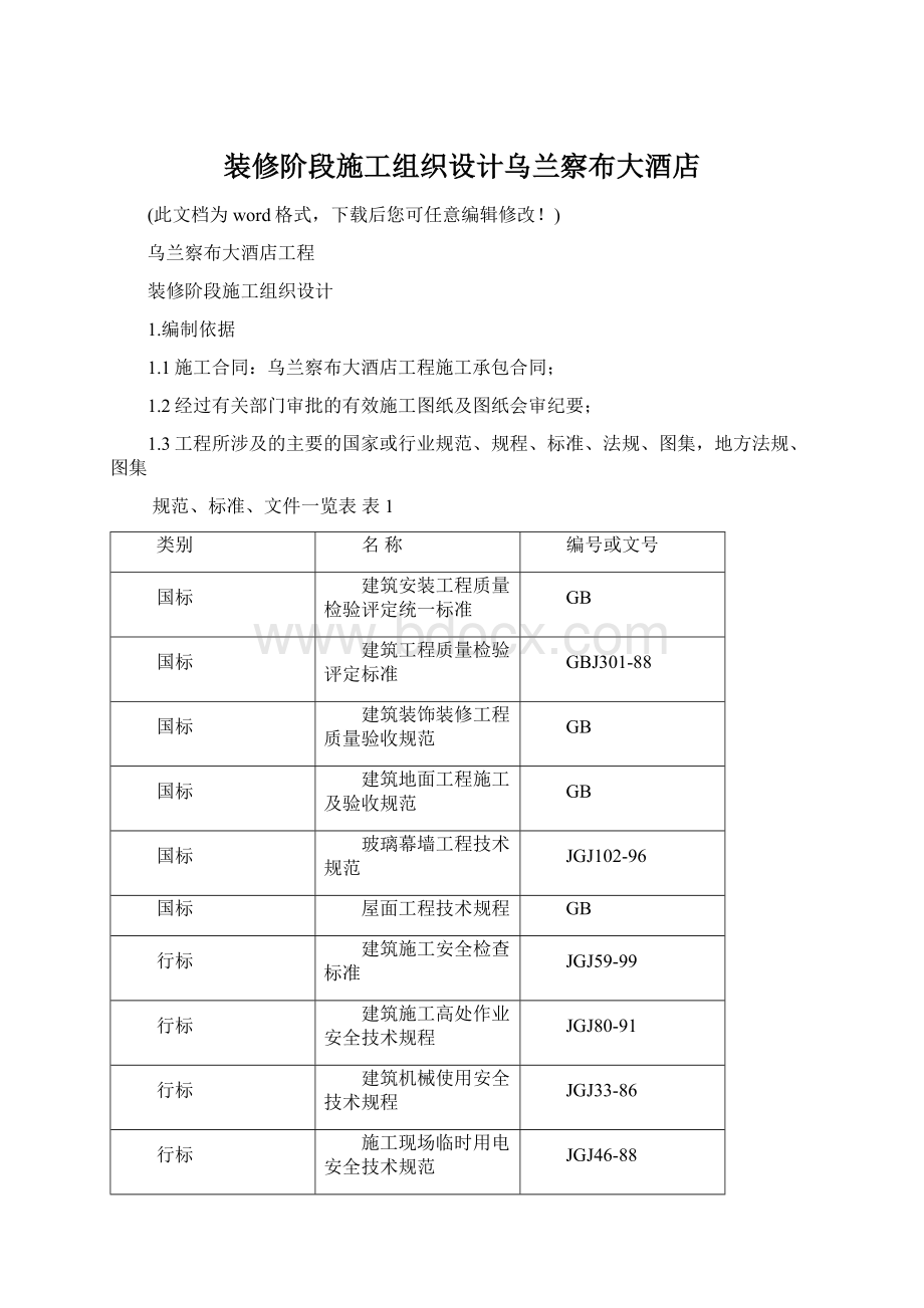 装修阶段施工组织设计乌兰察布大酒店Word文档格式.docx