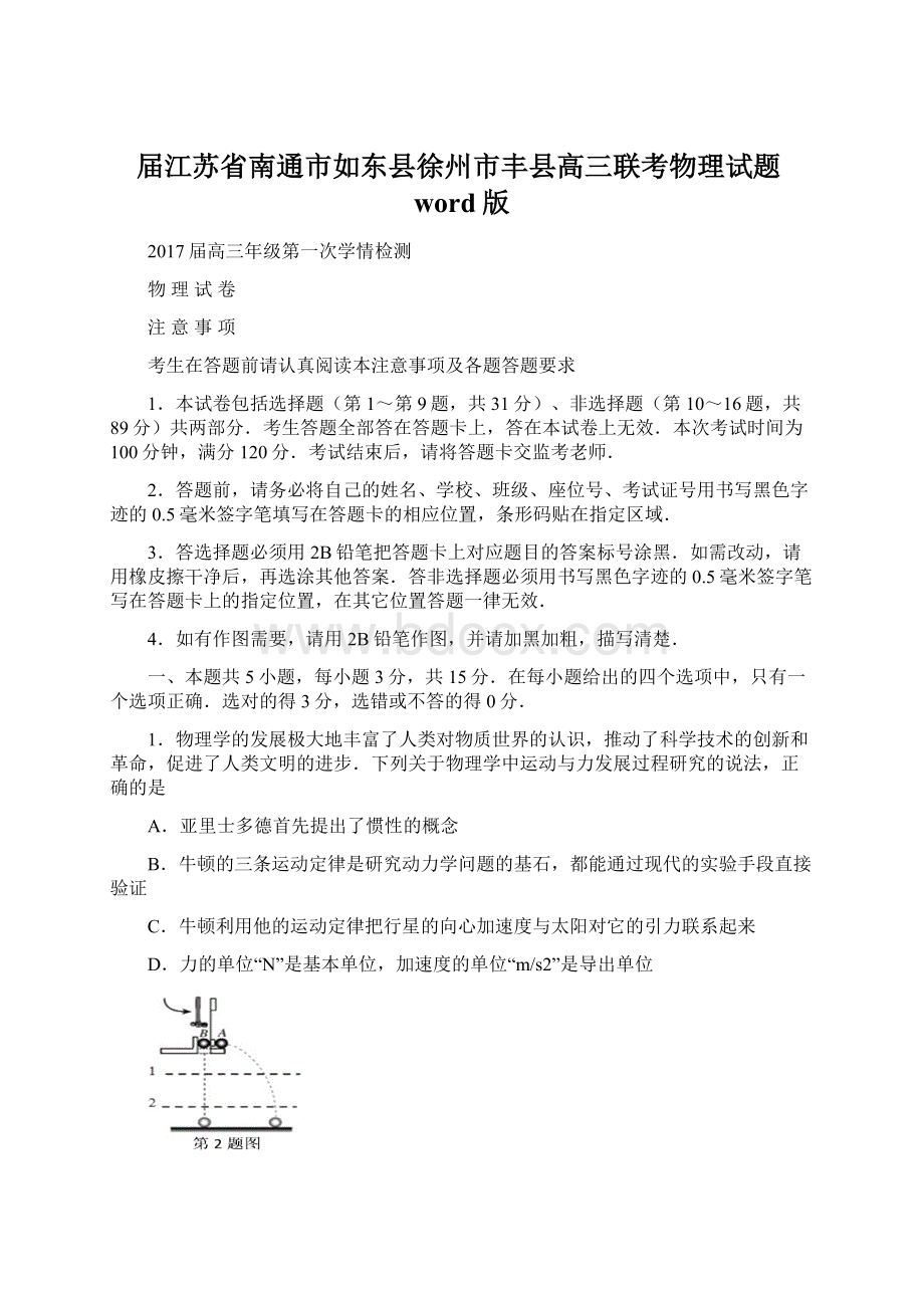 届江苏省南通市如东县徐州市丰县高三联考物理试题word版Word格式.docx