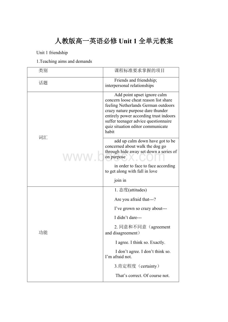 人教版高一英语必修 Unit 1 全单元教案文档格式.docx