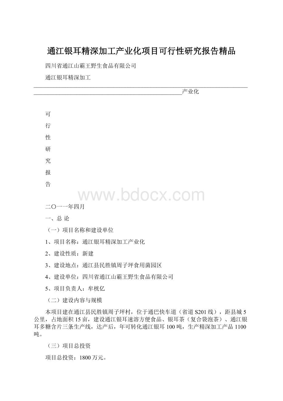 通江银耳精深加工产业化项目可行性研究报告精品.docx_第1页