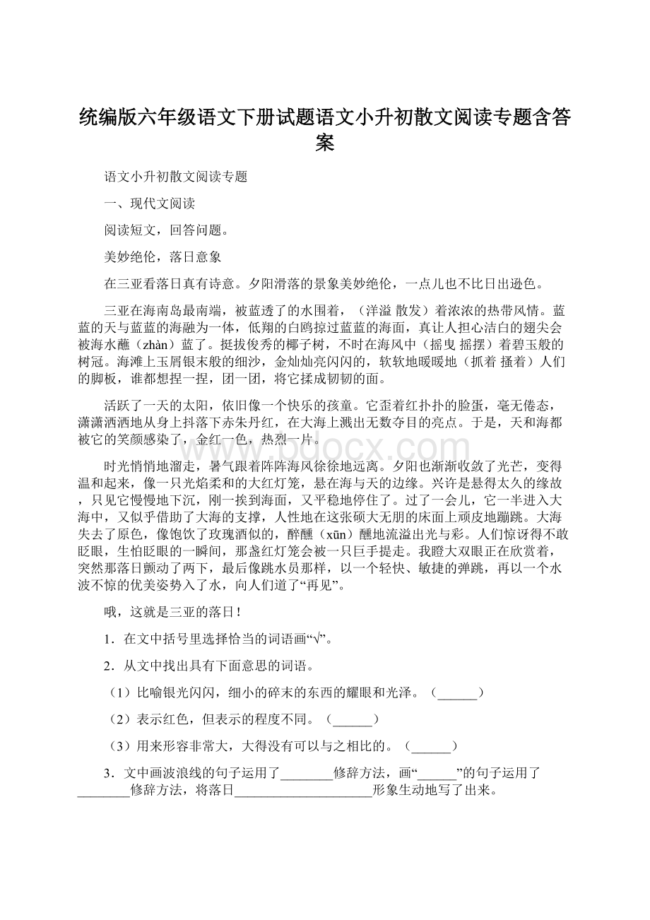 统编版六年级语文下册试题语文小升初散文阅读专题含答案.docx