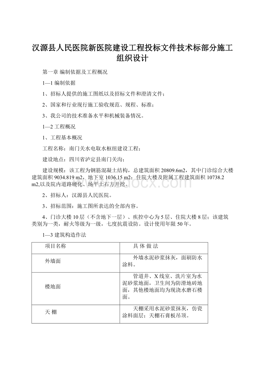 汉源县人民医院新医院建设工程投标文件技术标部分施工组织设计.docx_第1页