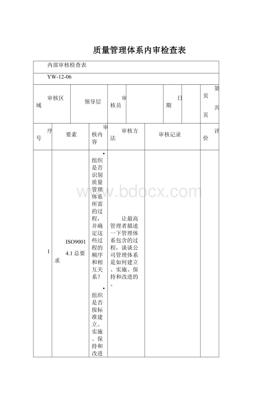 质量管理体系内审检查表Word格式.docx