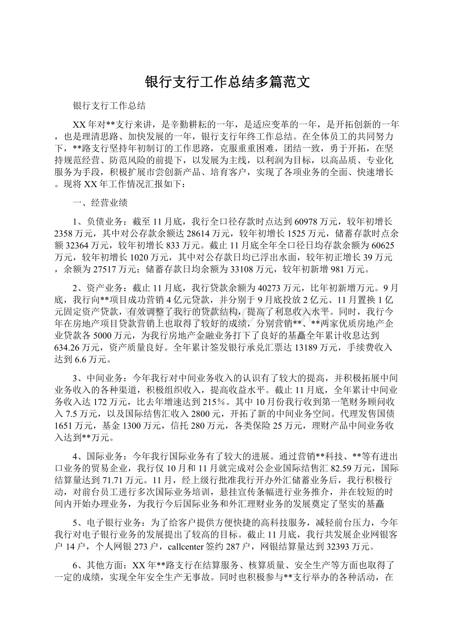 银行支行工作总结多篇范文Word文档格式.docx