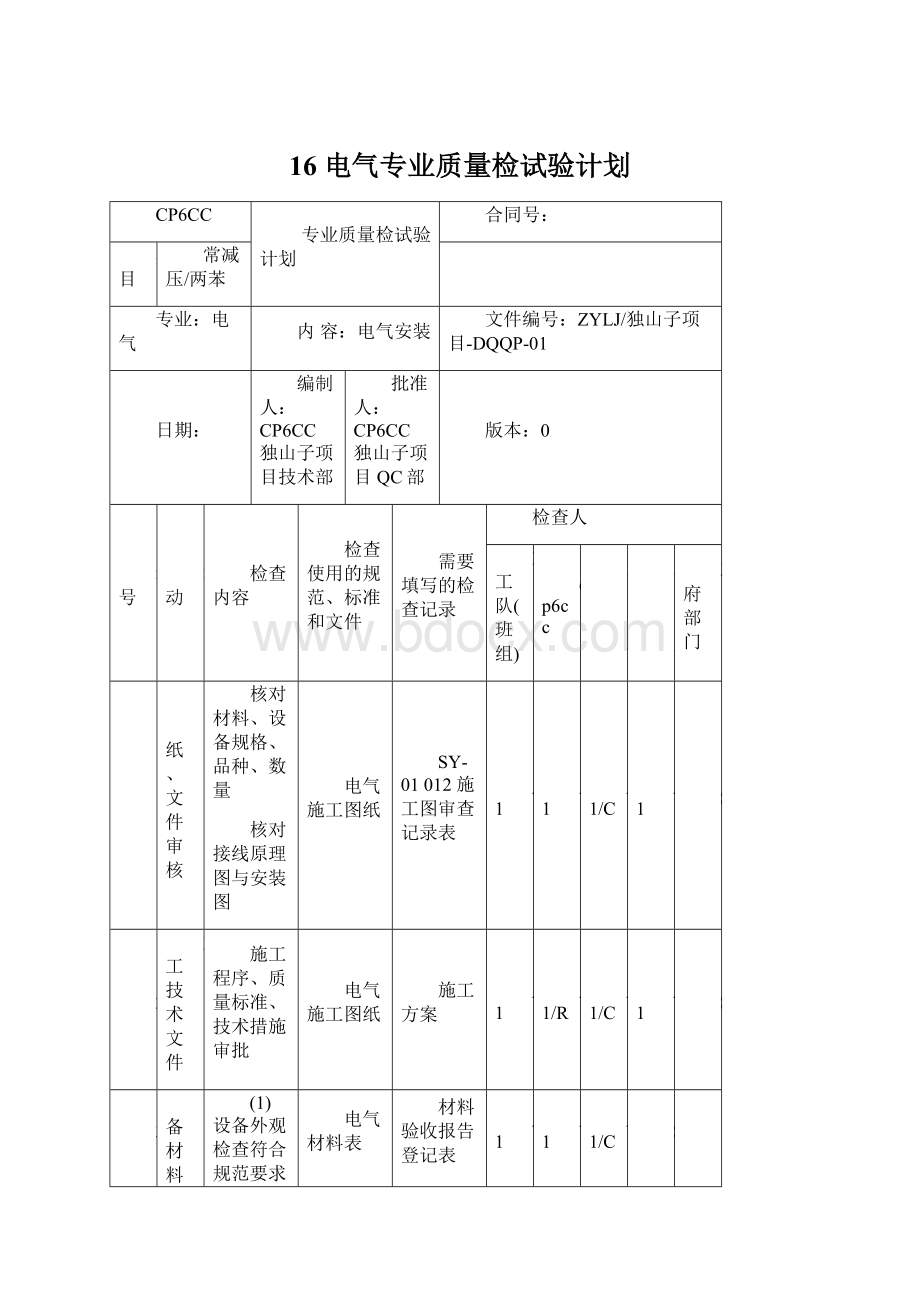 16 电气专业质量检试验计划文档格式.docx_第1页