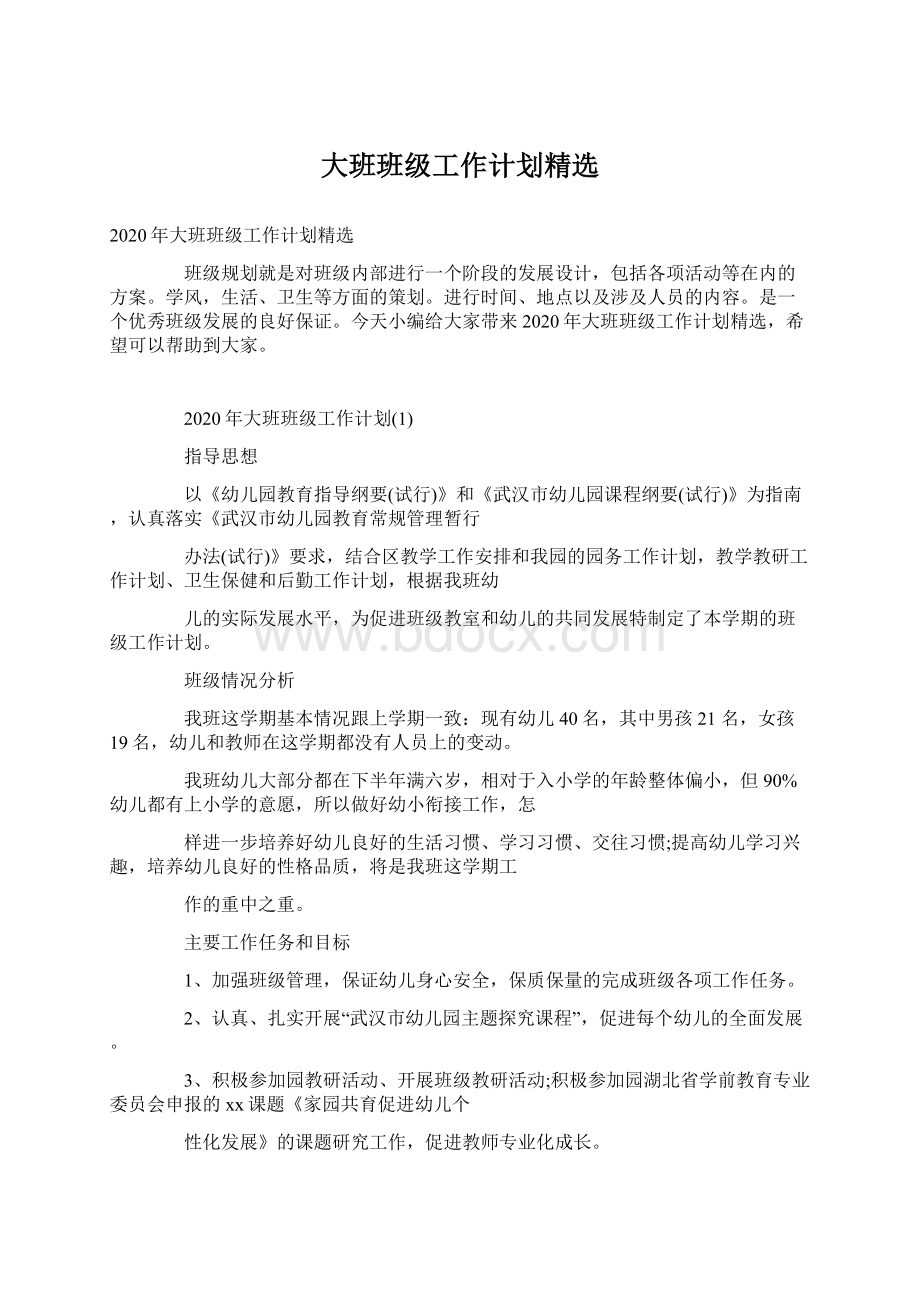 大班班级工作计划精选.docx_第1页