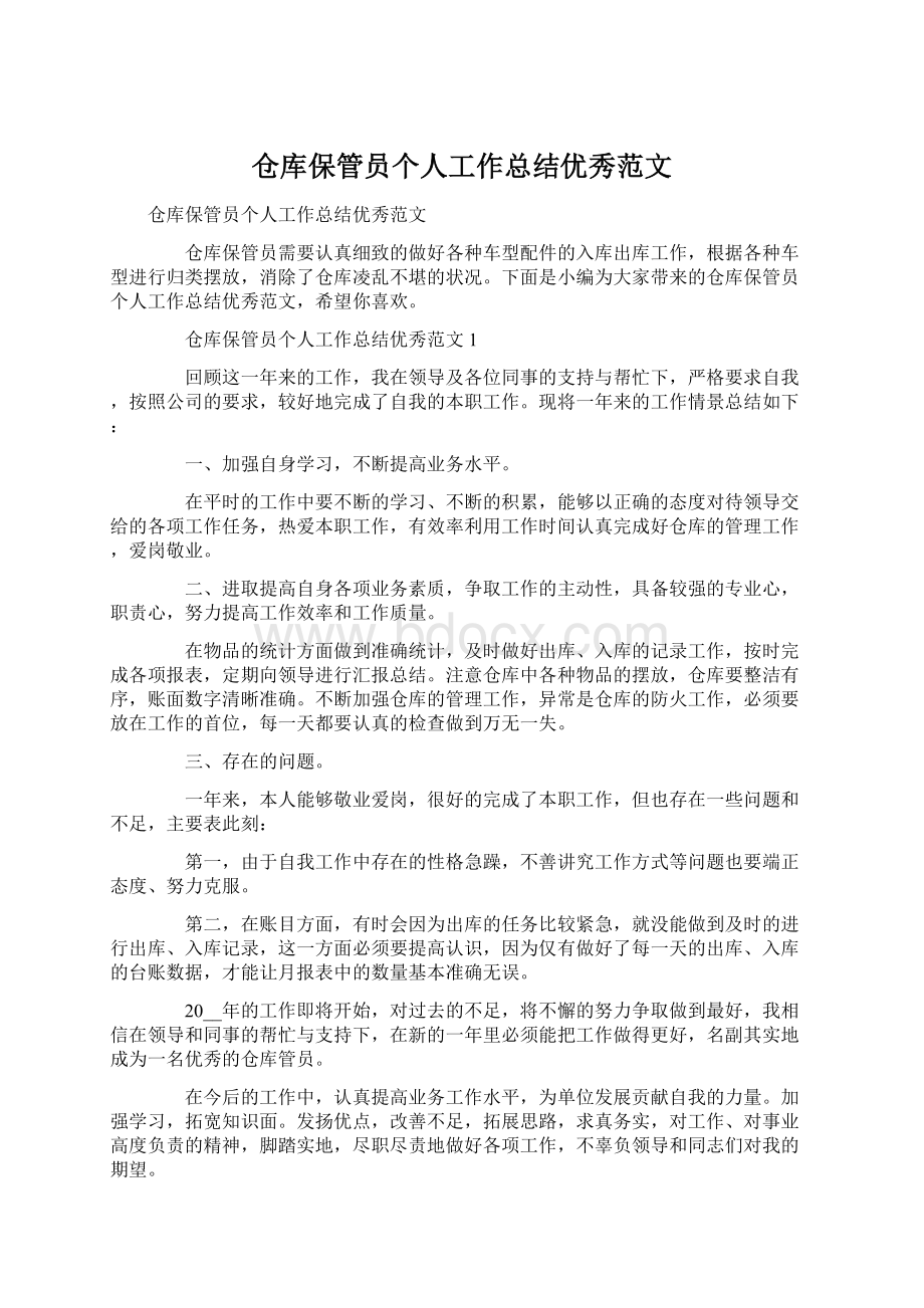 仓库保管员个人工作总结优秀范文Word文档格式.docx_第1页