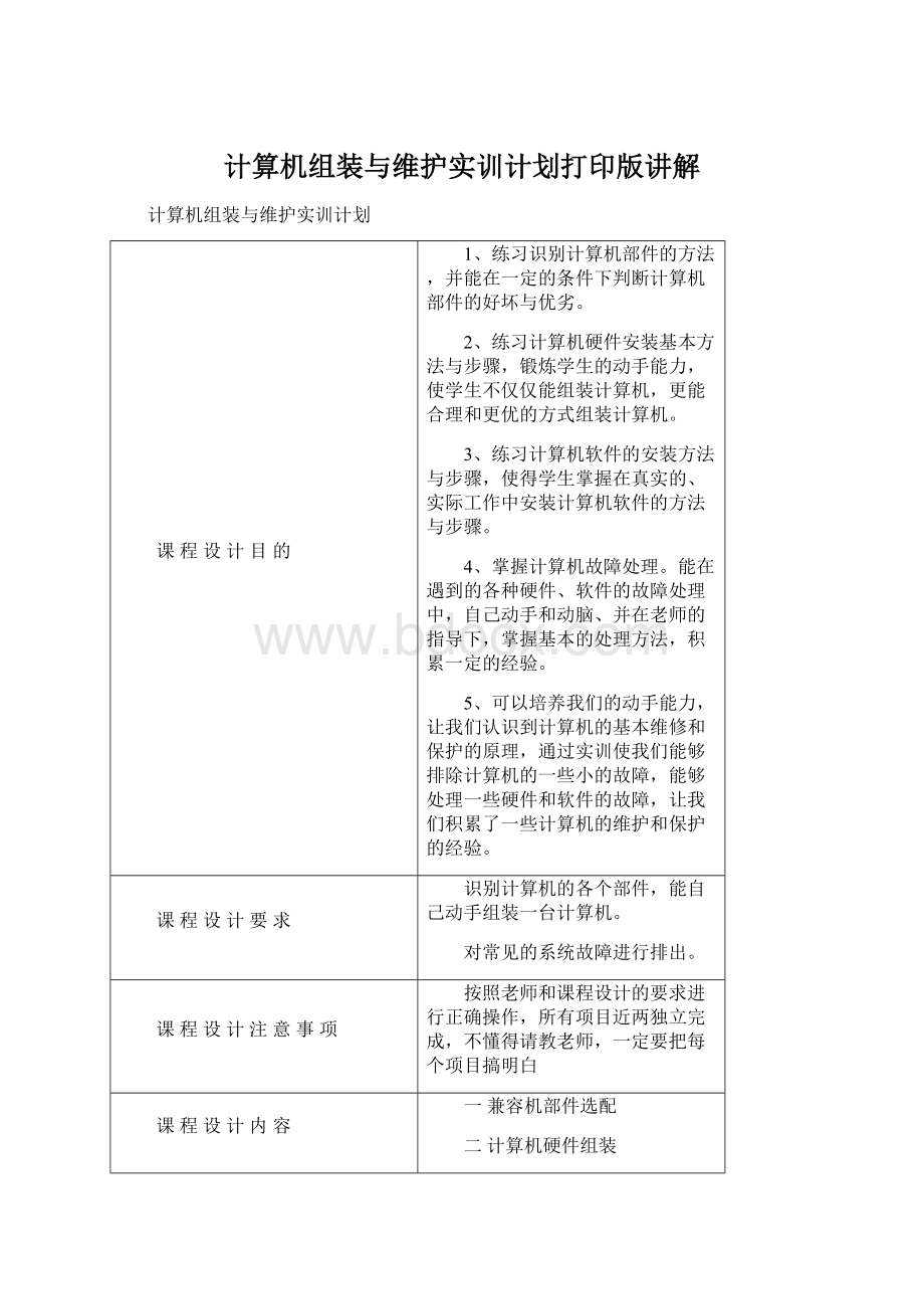 计算机组装与维护实训计划打印版讲解.docx_第1页