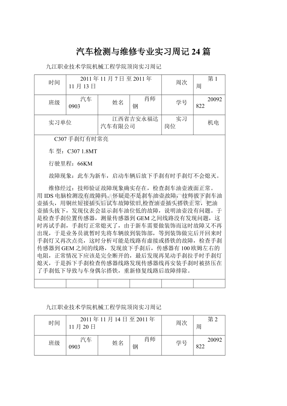 汽车检测与维修专业实习周记24篇Word文档下载推荐.docx_第1页