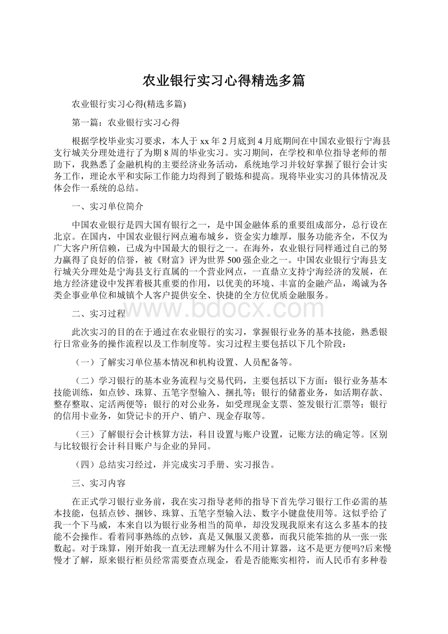 农业银行实习心得精选多篇Word文件下载.docx